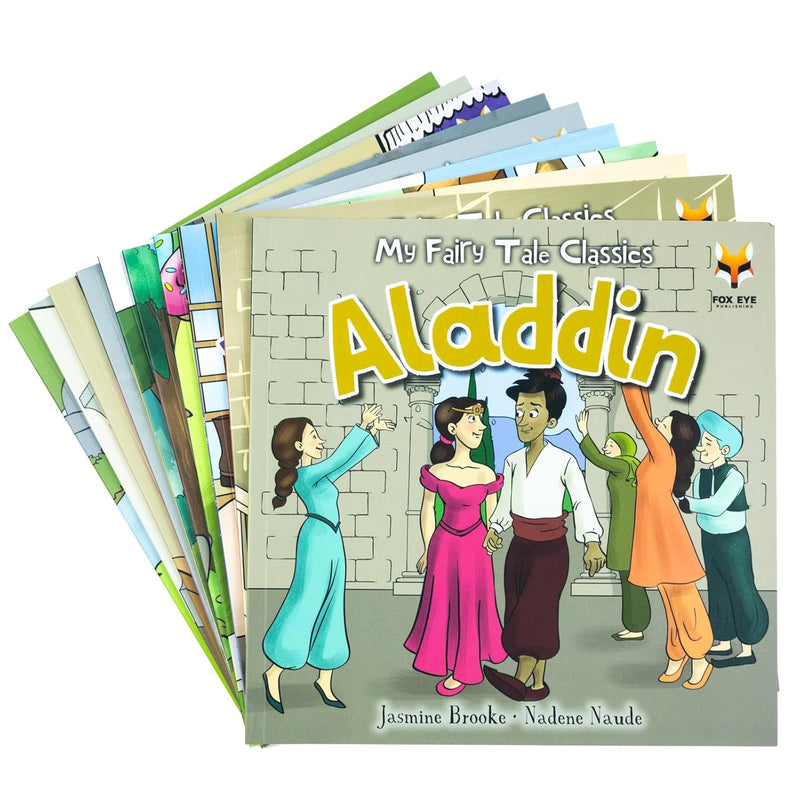 Collection of 10 fairy tale picture books by Jasmine Brooke, featuring colorful covers and engaging illustrations.