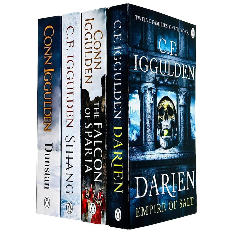 Set of four Penguin books by C. F. Iggulden, including Darien, Shiang, The Falcon of Sparta, and Dunstan, with colorful covers.