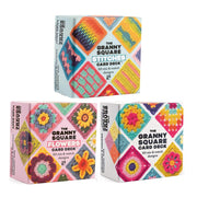 Set of three Claire Montgomerie Granny Square card decks including stitches, flowers, and square designs, displayed in a colorful collection.