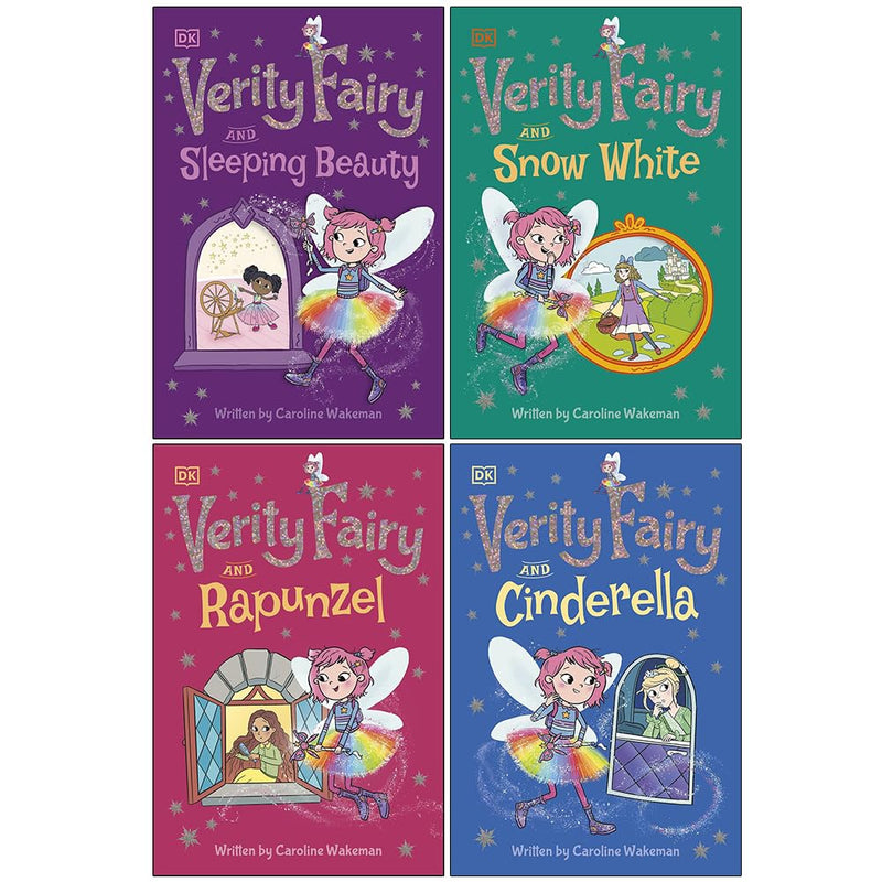 Verity Fairy 4-book set by Caroline Wakeman featuring Sleeping Beauty, Snow White, Rapunzel, and Cinderella paperbacks for children.