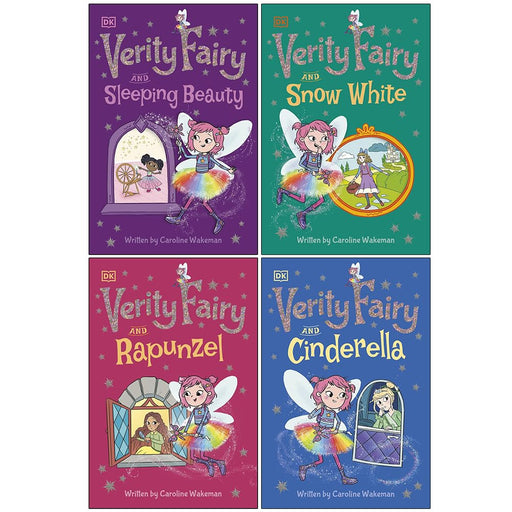 Verity Fairy 4-book set by Caroline Wakeman featuring Sleeping Beauty, Snow White, Rapunzel, and Cinderella paperbacks for children.