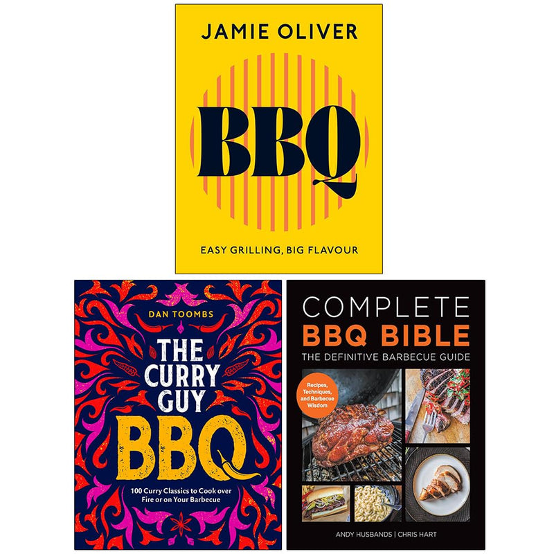 Set of three hardcover BBQ cookbooks including Complete BBQ Bible, Curry Guy BBQ, and Easy Grilling with bold flavors by Jamie Oliver and others.