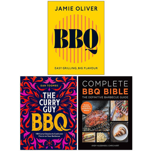 Set of three hardcover BBQ cookbooks including Complete BBQ Bible, Curry Guy BBQ, and Easy Grilling with bold flavors by Jamie Oliver and others.
