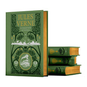 Leather-bound Jules Verne collection including Five Weeks in a Balloon, Around the World, Journey to the Center, and Twenty Thousand Leagues.