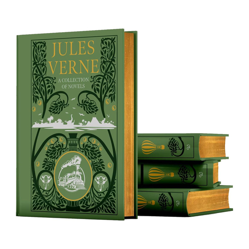 Leather-bound Jules Verne collection including Five Weeks in a Balloon, Around the World, Journey to the Center, and Twenty Thousand Leagues.
