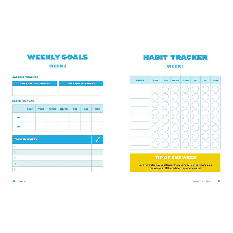 Meal planner book titled "Bored of Lunch" by Nathan Anthony, featuring colorful pages for organizing weekly lunch ideas.
