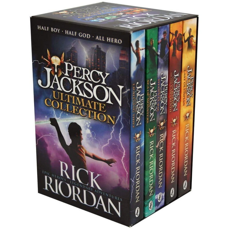 Percy Jackson & The Olympians 5-book collection box set by Rick Riordan, paperback young adult fantasy novels, Penguin brand