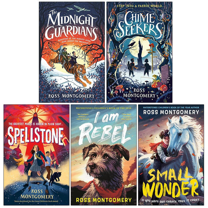 Ross Montgomery collection of five Walker Books, featuring "The Midnight Guardians," "The Chime Seekers," "Spellstone," and more.