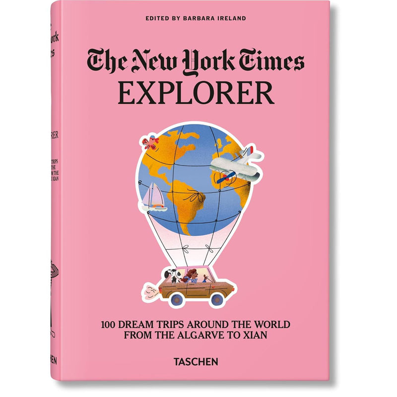 Hardcover book titled "The New York Times Explorer" by Barbara Ireland, showcasing 100 dream trips around the world.