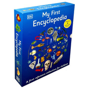 DK My First Encyclopedia 4-book collection set for ages 3-7, with colorful covers and engaging educational illustrations.