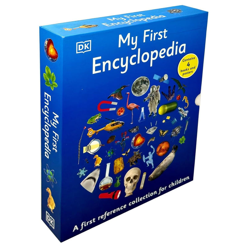 DK My First Encyclopedia 4-book collection set for ages 3-7, with colorful covers and engaging educational illustrations.