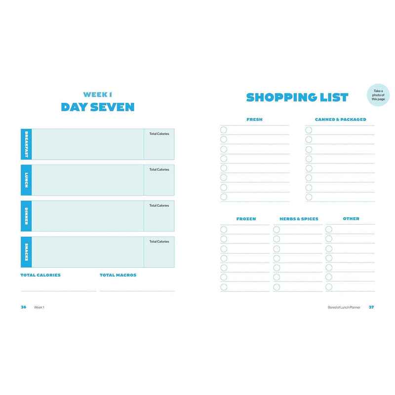 Meal planner titled "Bored of Lunch" by Nathan Anthony, featuring colorful pages and a clean layout for organizing lunch ideas.