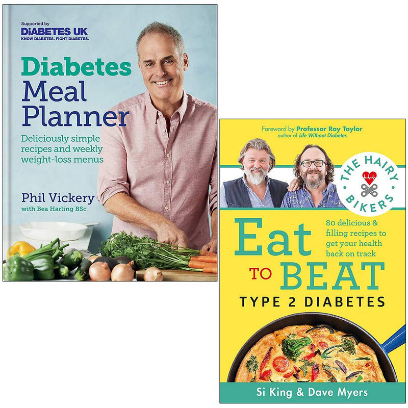 Diabetes meal planner books by Hairy Bikers and Phil Vickery, featuring recipes and tips to manage Type 2 Diabetes.