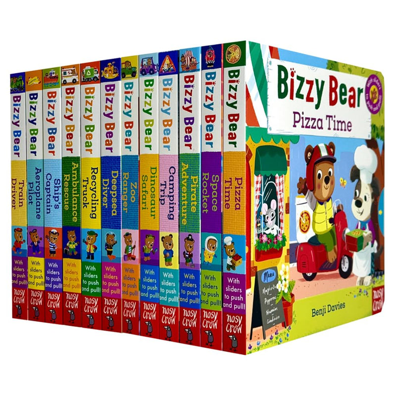 Set of 12 Bizzy Bear board books by Benji Davies featuring train driver, pilot, captain, rescue, recycling, diver, and zoo ranger themes.
