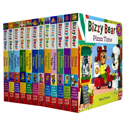 Set of 12 Bizzy Bear board books by Benji Davies featuring train driver, pilot, captain, rescue, recycling, diver, and zoo ranger themes.