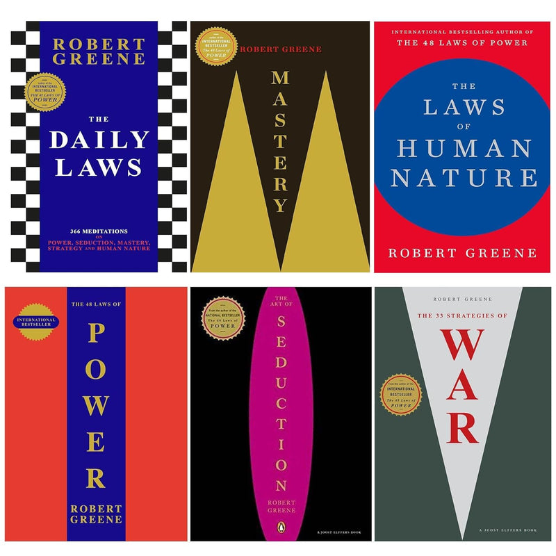 Set of six Robert Greene books including Mastery, The Laws of Human Nature, and The Daily Laws, featuring hardcover editions.