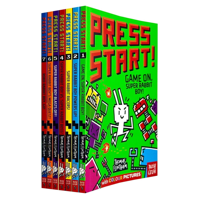 Press Start Series 1-7 book collection by Thomas Flintham, Nosy Crow Ltd, featuring colorful covers of children's adventure books.