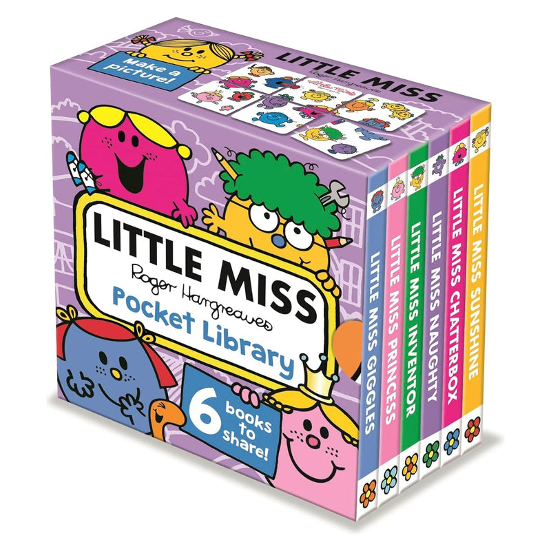 Six colorful Toddler board books from the Little Miss Pocket Library by Roger Hargreaves, featuring fun characters and stories.