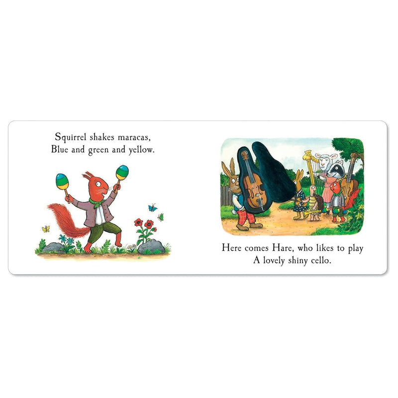 Cover of "Badger's Band: A Lift-the-Flap Story" children's book by Julia Donaldson, featuring colorful illustrations of woodland animals.