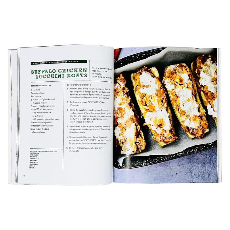 MSN Carolina Cartier air fryer cookbook cover with 75+ keto-friendly recipes for quick, healthy air fryer meals.