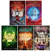 Set of five Discworld novels by Terry Pratchett in paperback, featuring colorful cover art from the Penguin collection, fiction series.