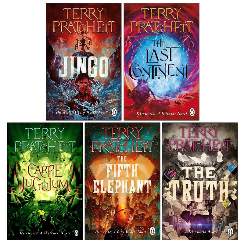 Set of five Discworld novels by Terry Pratchett in paperback, featuring colorful cover art from the Penguin collection, fiction series.