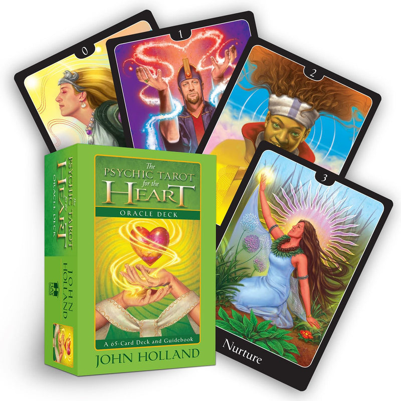 Psychic Tarot for the Heart Oracle Deck by John Holland, featuring colorful cards with heart-themed symbols and intricate designs.