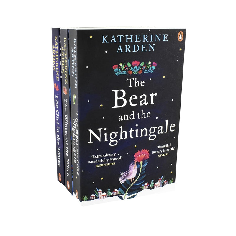 Three paperback books from the Winternight Trilogy by Katherine Arden, fiction collection in Del Rey edition, featuring winter-themed covers.