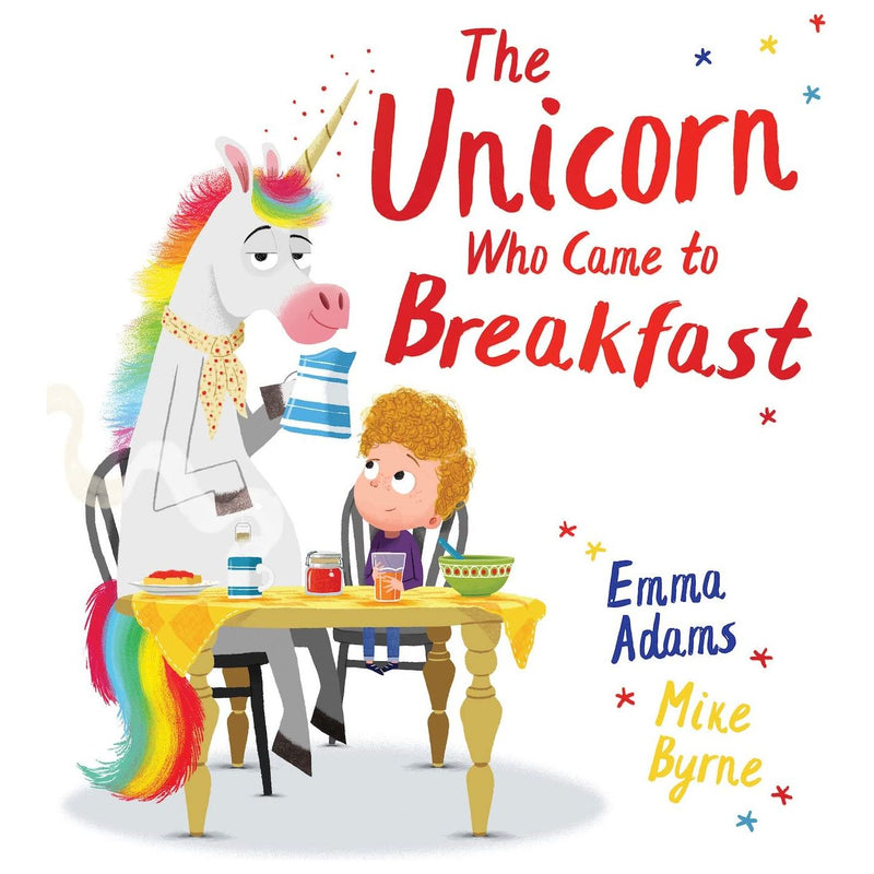 Illustration from Emma Adams' Scholastic picture book "The Unicorn Who Came to Breakfast" showing a colorful unicorn visiting a family.