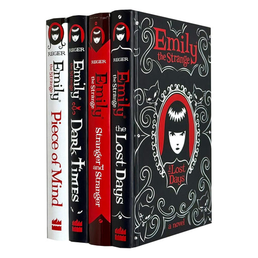 Emily the Strange 4-book hardcover collection by Rob Reger and Jessica Gruner, featuring dark, quirky illustrations and fictional stories.