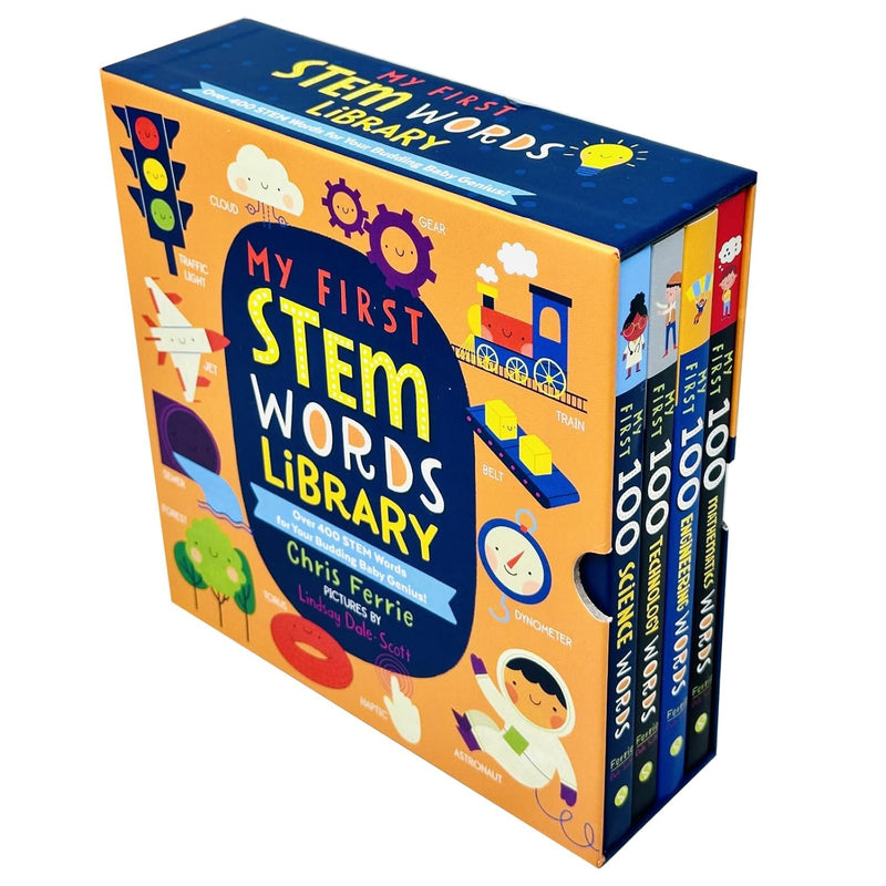 My First Stem Words Library set by Chris Ferrie includes four books on science, technology, engineering, and math words.