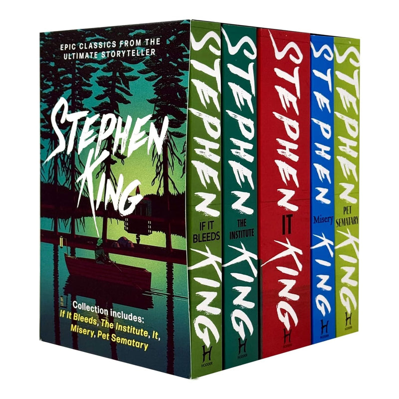 Set of five Stephen King classic fiction paperbacks in a collection box set by Hodder Paperbacks featuring iconic covers.