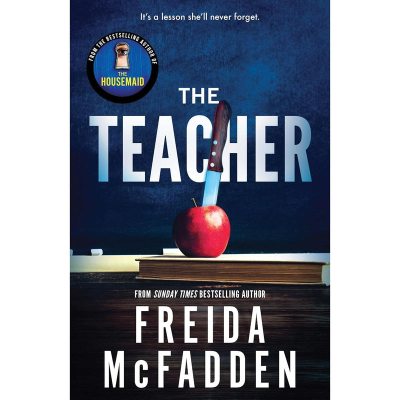 Six paperback fiction books from the Freida McFadden collection, featuring "The Teacher," "The Coworker," and "The Boyfriend" by Poisoned Pen Press.