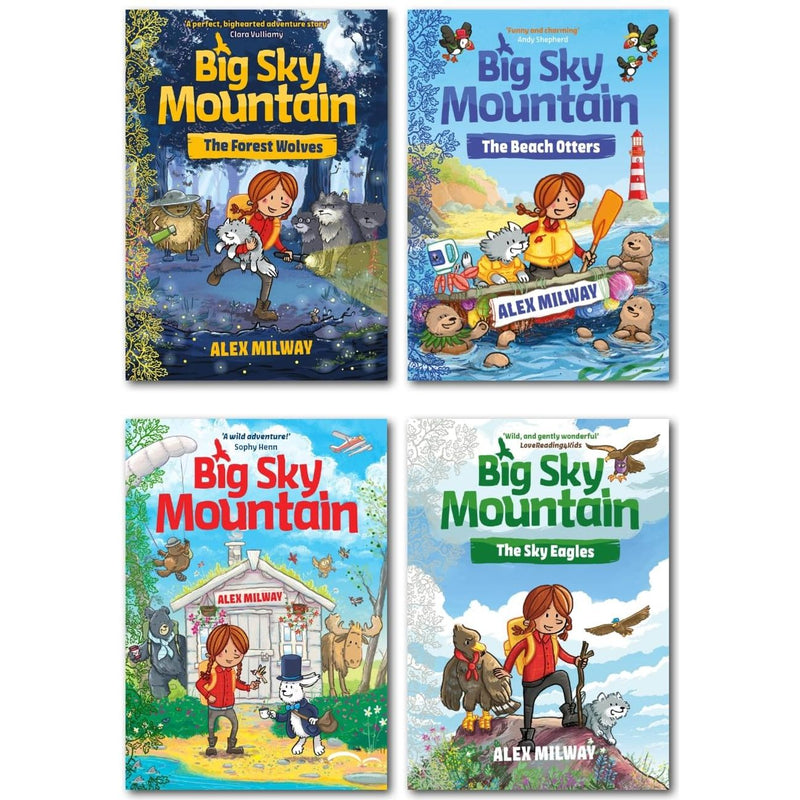 Four-book Big Sky Mountain Series collection by Alex Milway, colorful covers featuring whimsical mountain scenes and characters.