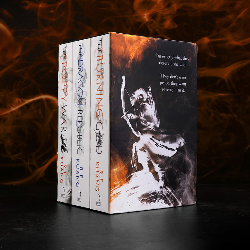 Set of three Poppy War series books by R.F. Kuang in a HarperVoyager collection boxset, featuring covers of The Poppy War and The Dragon Republic.