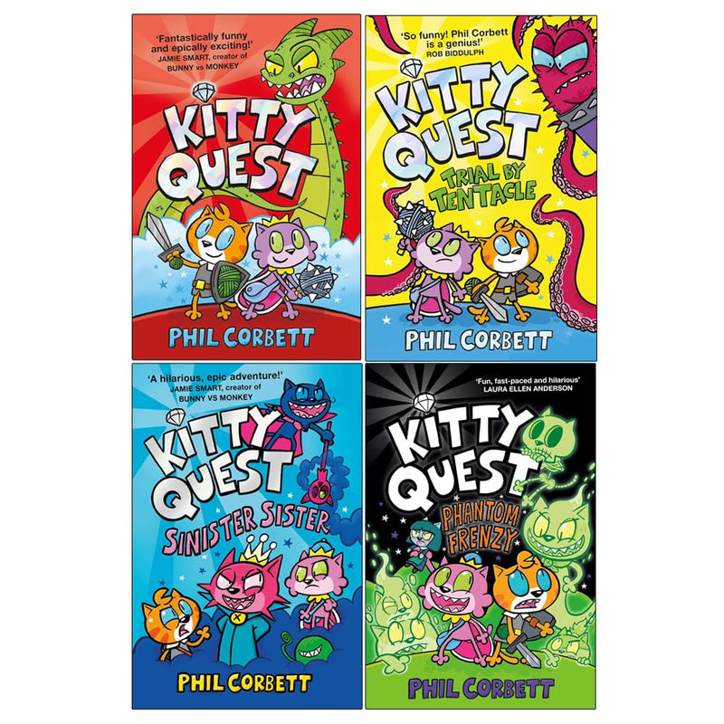 Collection of four Kitty Quest Series books by Phil Corbett, featuring colorful covers and playful feline illustrations for children.