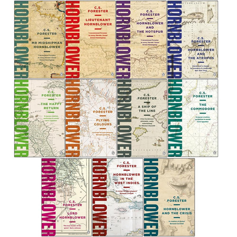 Set of 11 C.S. Forester Hornblower Saga books by Little Brown/Back Bay Books featuring maritime adventure stories.