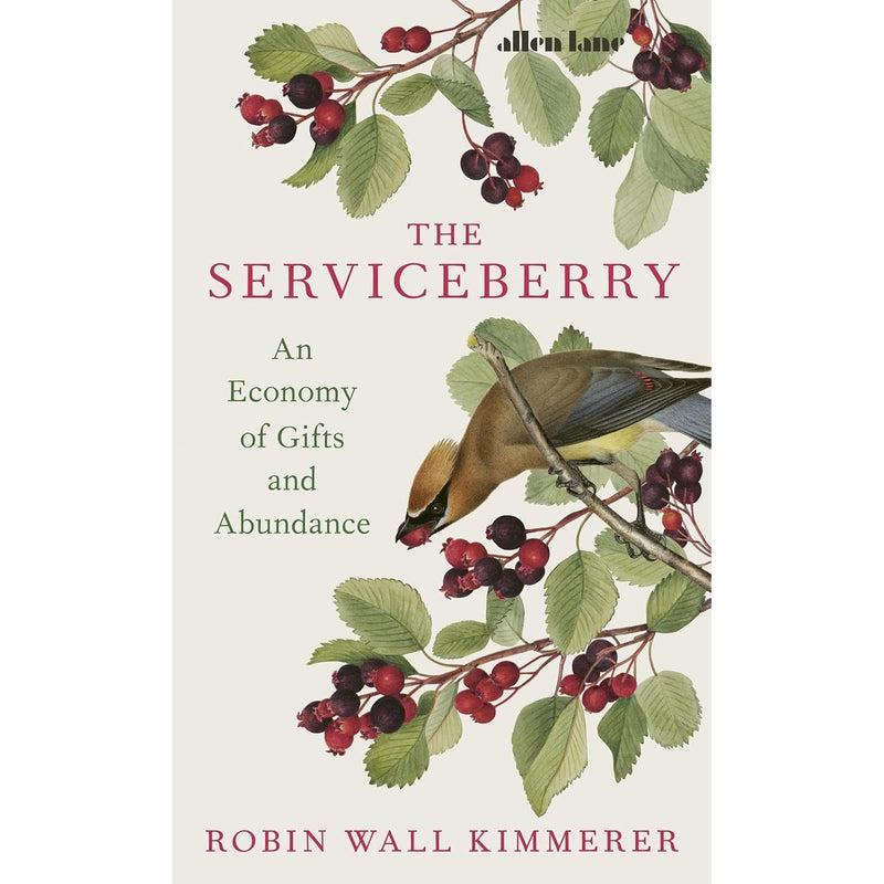 Collection of three paperback non-fiction books by Robin Wall Kimmerer, including Gathering Moss, Braiding Sweetgrass, and The Serviceberry.