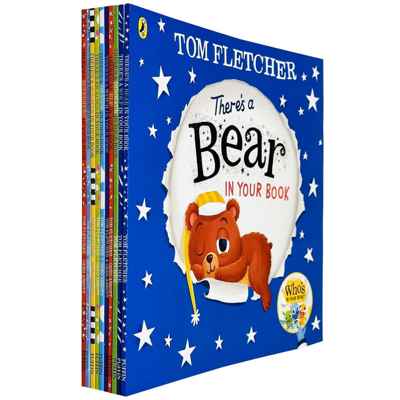 Set of 10 Puffin books from the Who's In Your Book? series by Tom Fletcher, featuring colorful book cover illustrations.
