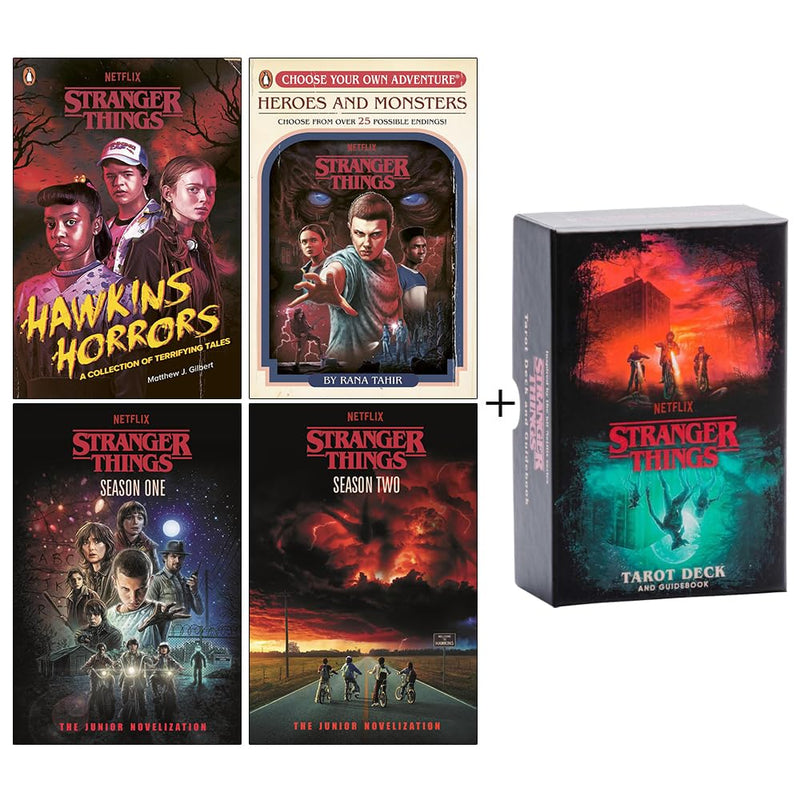 Stranger Things 4 books collection set with tarot card deck and guidebook, featuring characters from the popular fiction series.