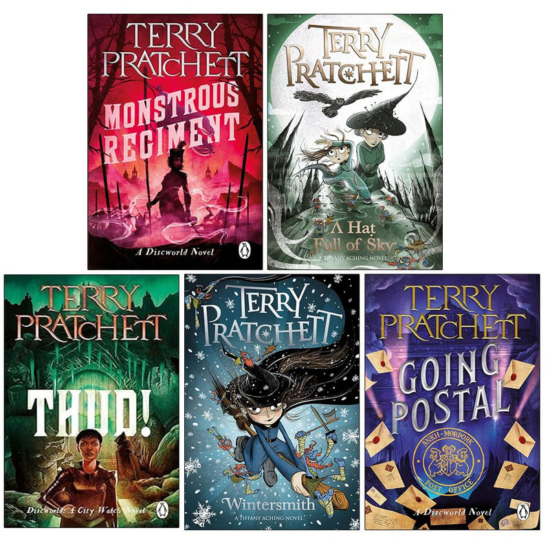 Corgi paperback set of five Discworld books by Terry Pratchett, featuring colorful covers and fantasy-themed illustrations.