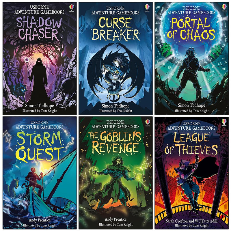 Set of six Usborne Adventure Gamebooks in paperback featuring fiction stories by Simon Tudhope, Andy Prentice, and others.