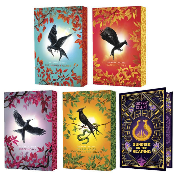 Set of five hardcover The Hunger Games books by Suzanne Collins, deluxe collection with distinctive cover art.