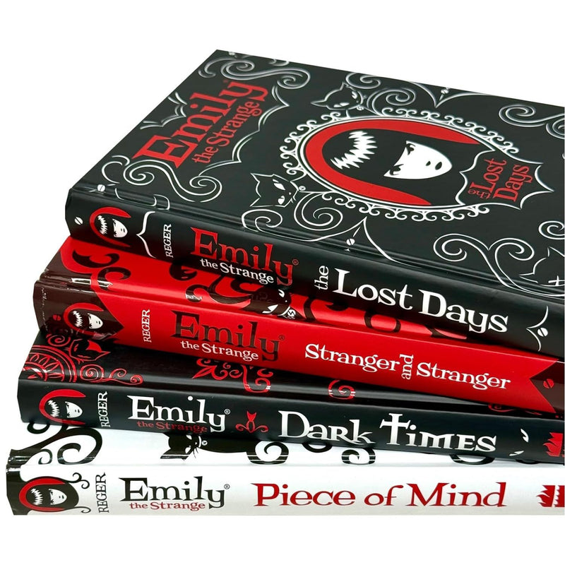 Emily the Strange 4 books collection set by Rob Reger and Jessica Gruner, hardcover fiction books with dark, whimsical covers.