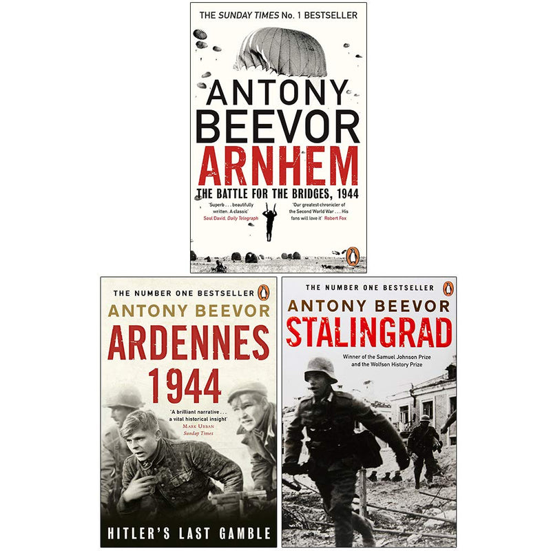 Set of three non-fiction books by Antony Beevor on Arnhem battles, Ardennes 1944, and Stalingrad, featuring historical military themes.