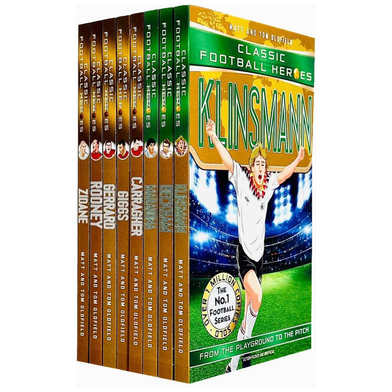 Set of 8 Classic Football Heroes Series books by Tom Oldfield and Matt Oldfield, featuring colorful football-themed covers.