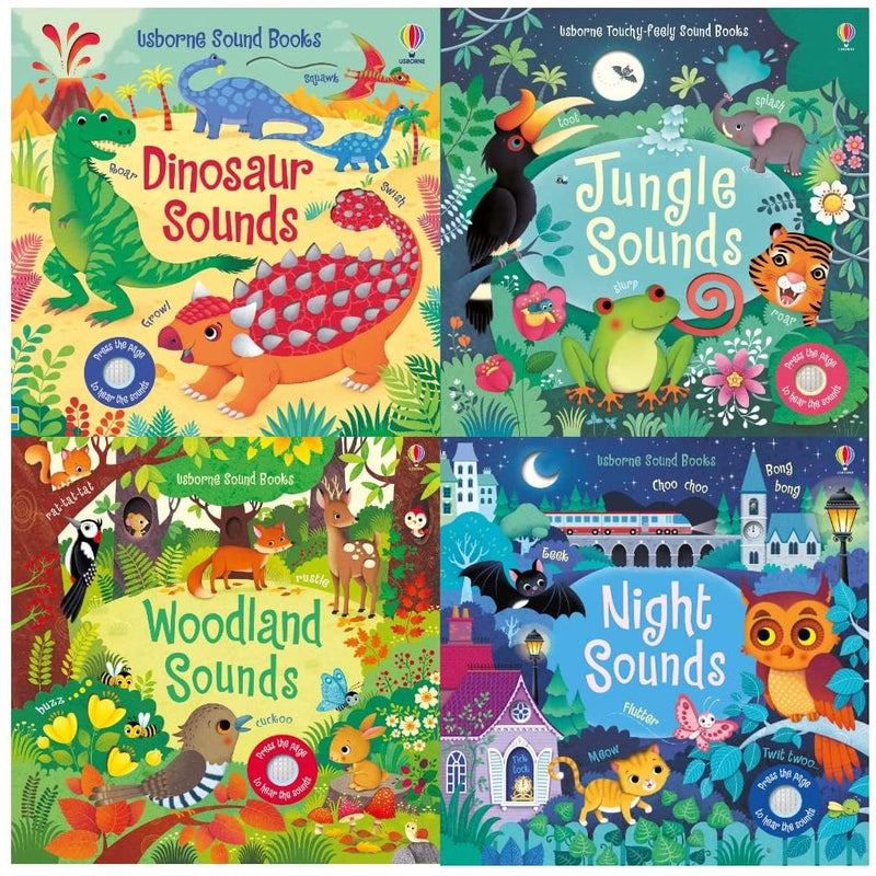 Set of four Usborne Sound Books by Sam Taplin includes Jungle, Dinosaur, Woodland, and Night sounds, with colorful illustrations.