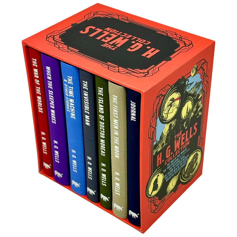 H. G. Wells collection deluxe 6-book box set with journal, featuring classic sci-fi novels like War of the Worlds and Invisible Man.
