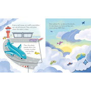 Children's board book titled "Peep Inside How a Plane Works" by Lara Bryan, showing colorful pages about airplane functions.