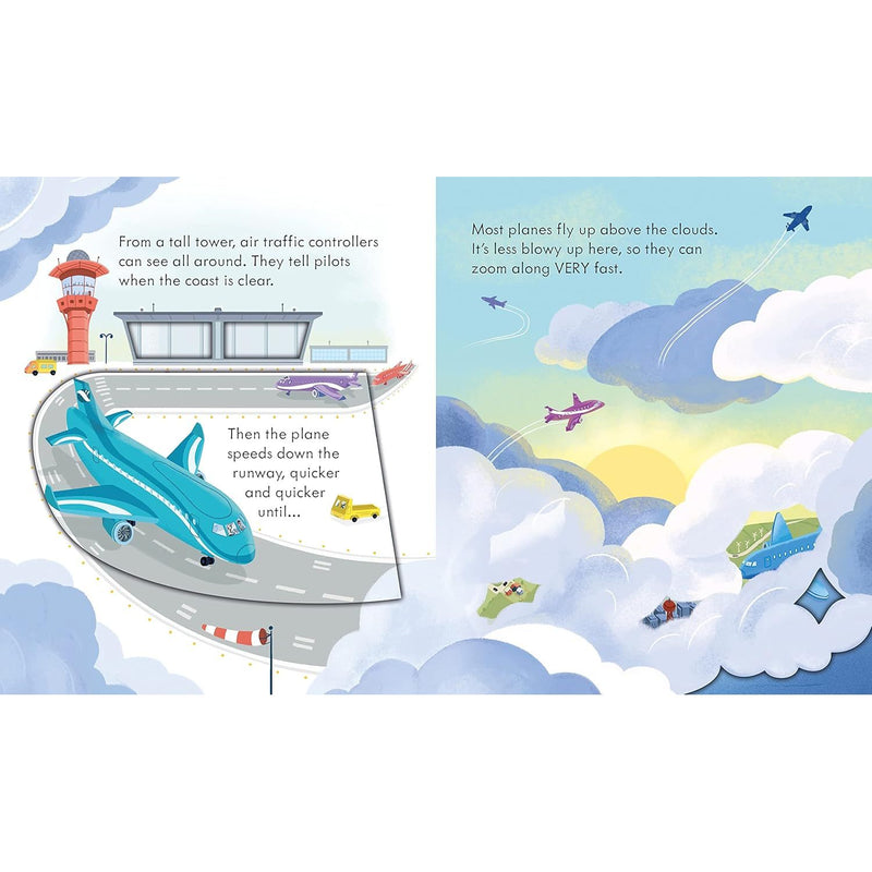 Children's board book titled "Peep Inside How a Plane Works" by Lara Bryan, showing colorful pages about airplane functions.